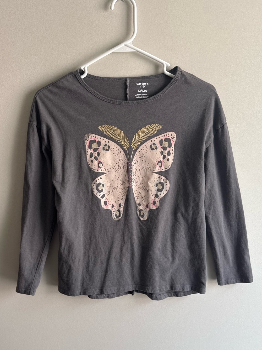 Carter's Charcoal Gray Long Sleeve Top with Pink & Gold Butterfly